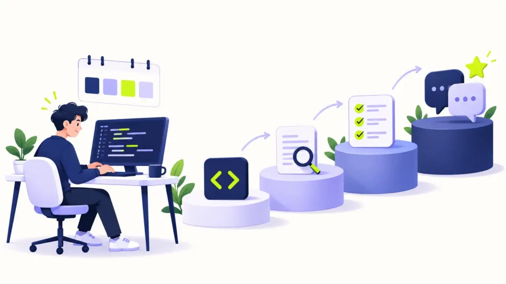 Developer practicing coding beside four ascending steps representing coding, research, testing, and interview preparation.