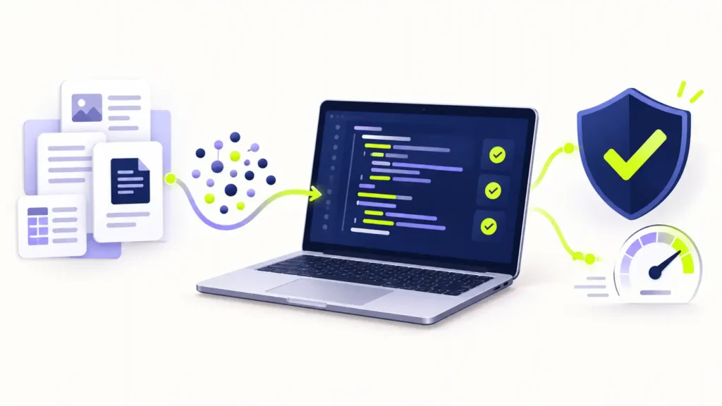 Illustration of documents and vector embeddings feeding into a coding laptop, with a security shield and speed gauge.